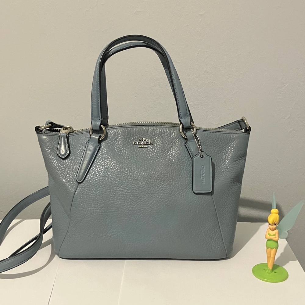 Coach Dusty Blue Pebbled Leather Satchel with Crossbody Strap